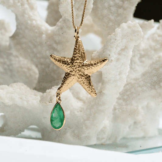 18K Gold Shining Star Pendant with Dangling Exquisite Colombian Emerald by Viviana Puello