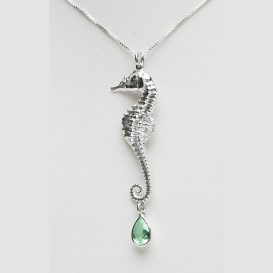 925 Silver Seahorse Pendant with Dangling Exquisite Colombian Emerald by Viviana Puello