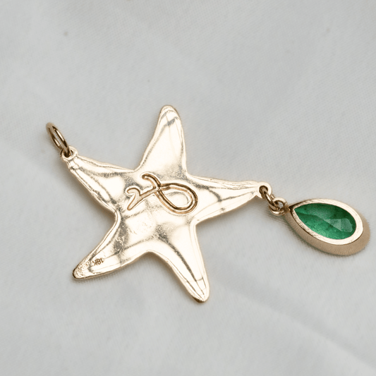 18K Gold Shining Star Pendant with Dangling Exquisite Colombian Emerald by Viviana Puello