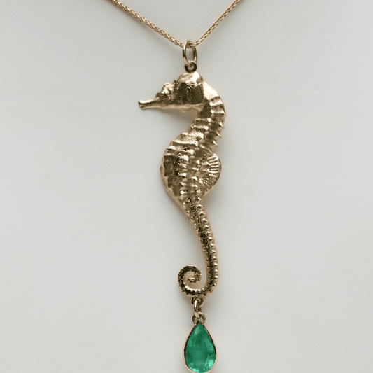 18K Gold Seahorse Pendant with Exquisite Colombian Emerald by Viviana Puello